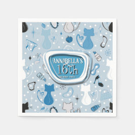 ミッドセンチュリーブルーハートキャットの誕生日 スタンダードカクテルナプキン