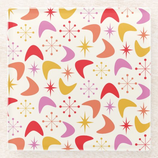 ミッドセンチュリーブーメランと原子カラフル星 ガラスコースター (正面)