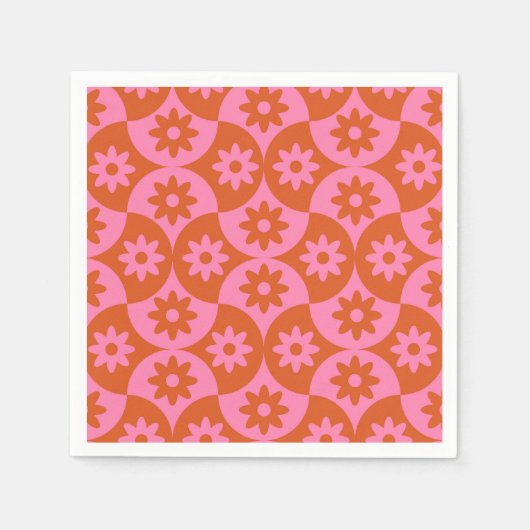 ミッドセンチュリーホタテのピンクとオレンジの花 スタンダードカクテルナプキン (正面)