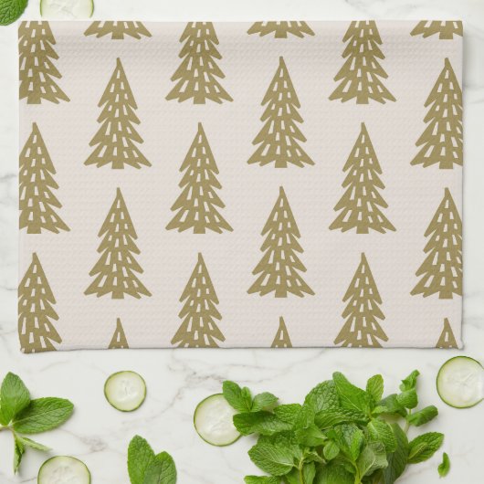 ミッドセンチュリーホリデーツリーパターン金ゴールド キッチンタオル (折り畳み)
