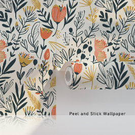 ミッドセンチュリーボホフローラコーラルマスタードティール(緑がかった色) 壁紙