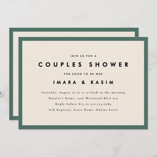 ミッドセンチュリーミニマルレトログリーンカップルシャワー 招待状 (正面/裏面)