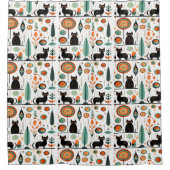 ミッドセンチュリーモダンおもしろい宇宙ネコ シャワーカーテン (正面)