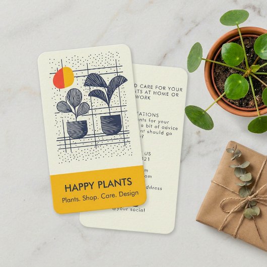 ミッドセンチュリーモダンな観葉植物 イエローとネイビー 名刺