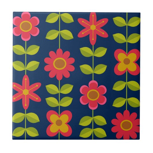 ミッドセンチュリーモダンな赤い花と葉 タイル (正面)