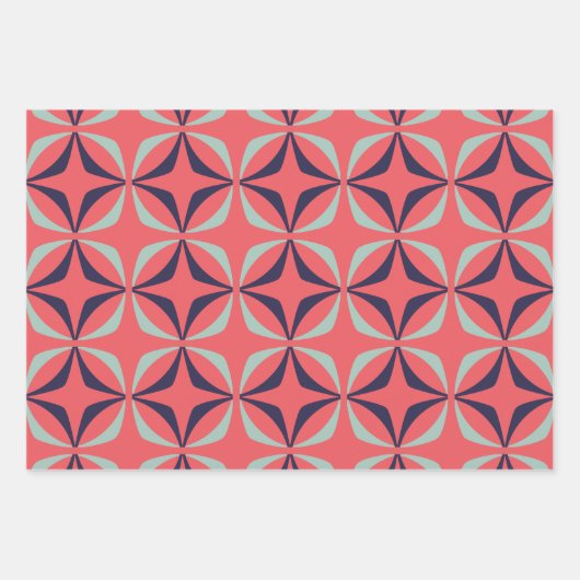 ミッドセンチュリーモダンのネイビーサンゴの幾何学模様 ラッピングペーパーシート (正面3)