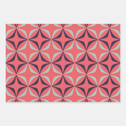 ミッドセンチュリーモダンのネイビーサンゴの幾何学模様 ラッピングペーパーシート (正面)