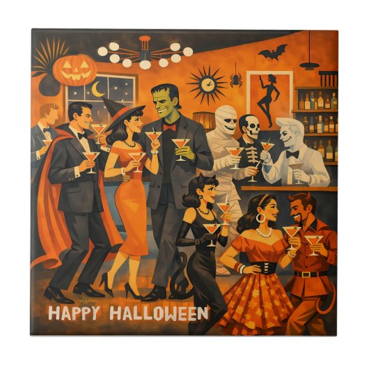 ミッドセンチュリーモダンのハロウィンマーティニパーティー タイル (正面)