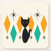 ミッドセンチュリーモダンアトミックスターバストダイヤモンドキャット スクエアペーパーコースター (正面)