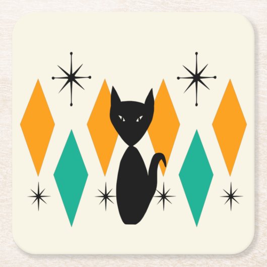 ミッドセンチュリーモダンアトミックスターバストダイヤモンドキャット スクエアペーパーコースター (正面)