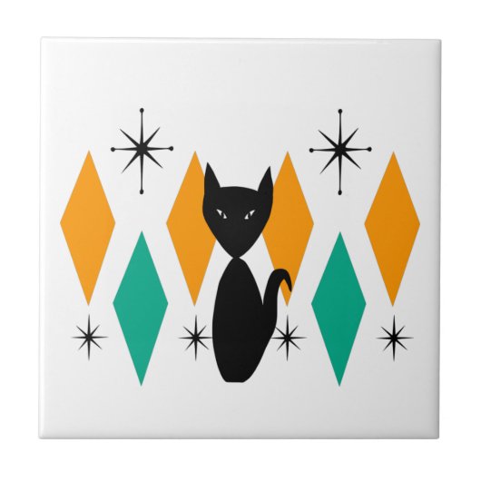 ミッドセンチュリーモダンアトミックスターバストダイヤモンドキャット タイル (正面)