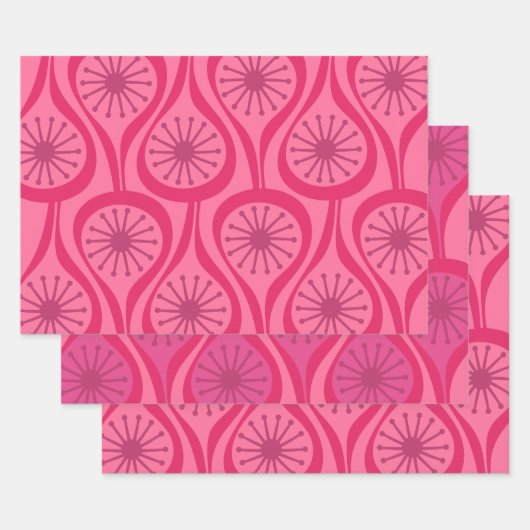 ミッドセンチュリーモダンアトミックドロップパターン熱ピンク ラッピングペーパーシート (セット)
