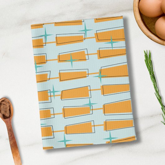 ミッドセンチュリーモダンアトミックブロックアクア、オレンジ キッチンタオル