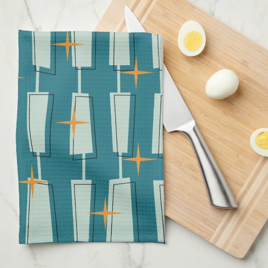 ミッドセンチュリーモダンアトミックブロックティール(緑がかった色)アクア キッチンタオル (四つ折り)