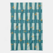 ミッドセンチュリーモダンアトミックブロックティール(緑がかった色)アクア キッチンタオル (縦)