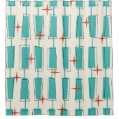 ミッドセンチュリーモダンアトミックブロックティール(緑がかった色)、クリーム、赤 シャワーカーテン (正面)