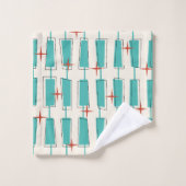 ミッドセンチュリーモダンアトミックブロックティール(緑がかった色)、クリーム、赤 バスタオルセット (ウォッシュタオル)