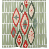 ミッドセンチュリーモダンアトミック形状グリーン、赤 シャワーカーテン (正面)