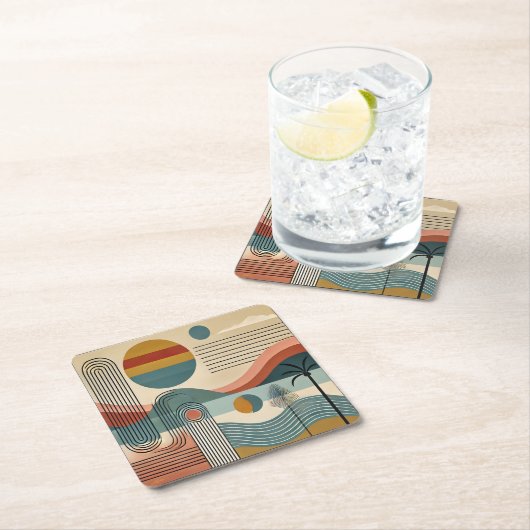 ミッドセンチュリーモダンアートビーチサンライズ スクエアペーパーコースター (インサイチュ)