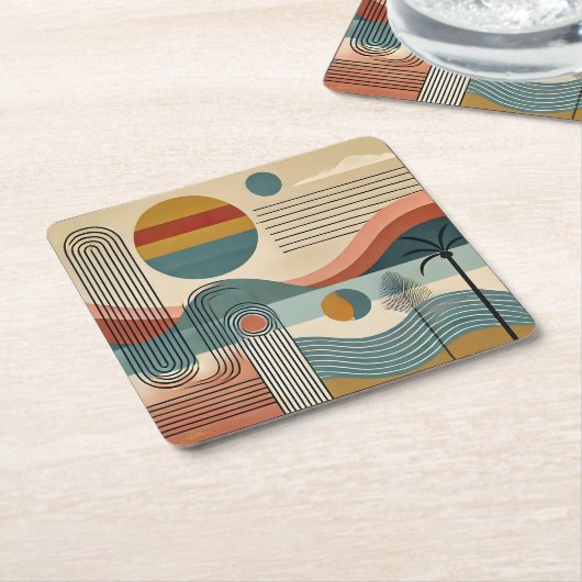 ミッドセンチュリーモダンアートビーチサンライズ スクエアペーパーコースター (アングル)