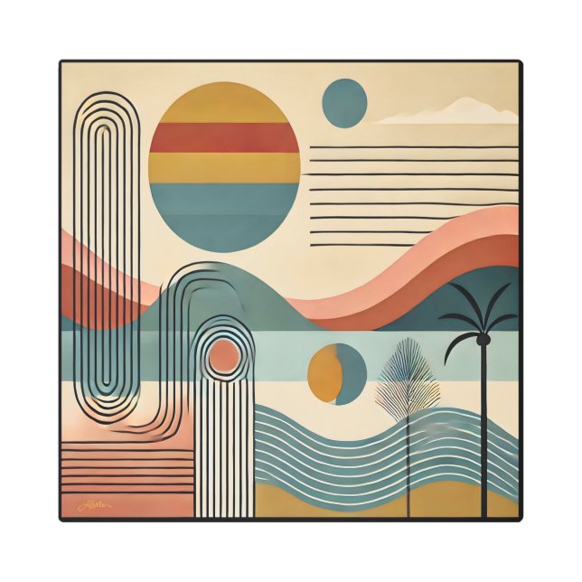 ミッドセンチュリーモダンアートビーチサンライズ メタルプリント (正面)