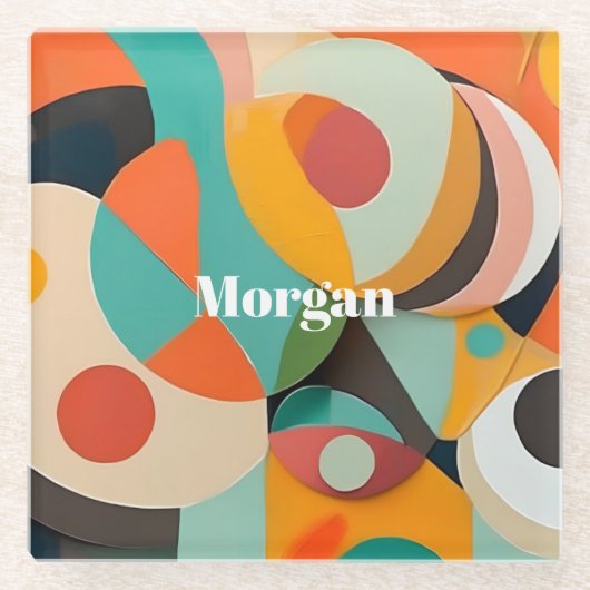 ミッドセンチュリーモダンアートモノグラムまたは名前，幾何学的 ガラスコースター (正面)