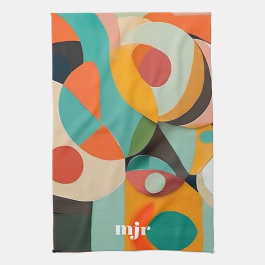 ミッドセンチュリーモダンアートモノグラムまたは名前,幾何学的 キッチンタオル (縦)