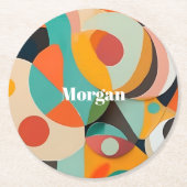 ミッドセンチュリーモダンアートモノグラムまたは名前，幾何学的 ラウンドペーパーコースター (正面)