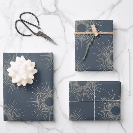 ミッドセンチュリーモダンアールデコシェイプ海軍と金ゴールド ラッピングペーパーシート (正面)