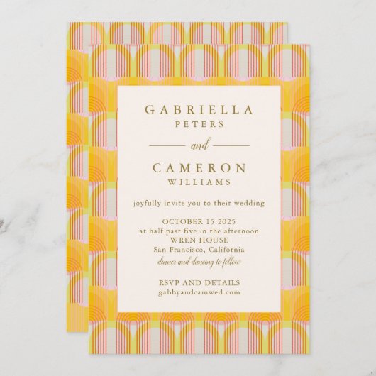 ミッドセンチュリーモダンイエロージオメトリックシック結婚ズ 招待状 (正面/裏面)