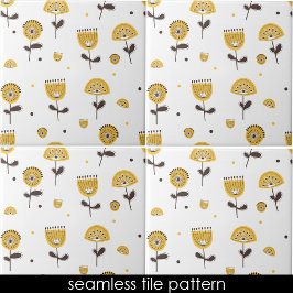 ミッドセンチュリーモダンイエローフローラシームレスパターン タイル