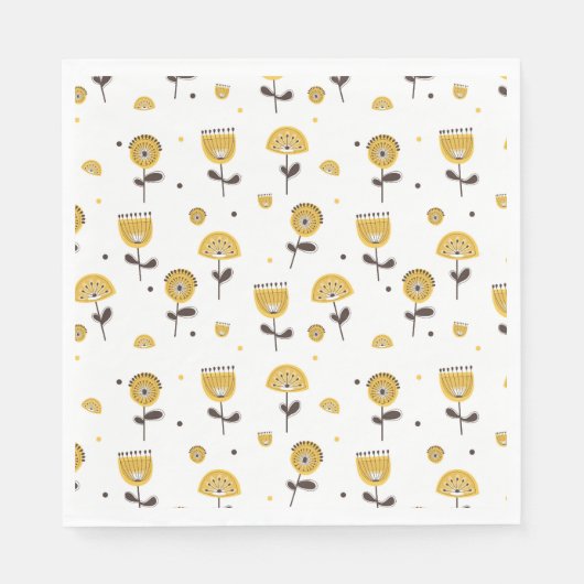 ミッドセンチュリーモダンイエローフローラルパターン スタンダードランチョンナプキン (正面)