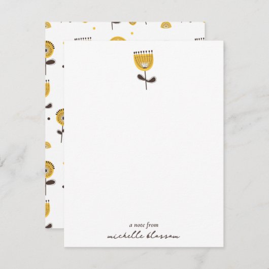 ミッドセンチュリーモダンイエローフローラルパターン ノートカード (正面/裏面)