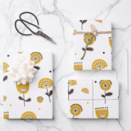 ミッドセンチュリーモダンイエローフローラルパターン ラッピングペーパーシート