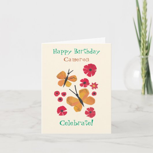 ミッドセンチュリーモダンオレンジ蝶かわいい誕生日 カード (正面)