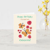 ミッドセンチュリーモダンオレンジ蝶かわいい誕生日 カード (黄色い花)