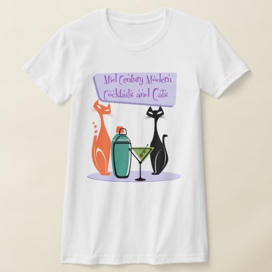 ミッドセンチュリーモダンカクテルと猫 Tシャツ (レイダウン)