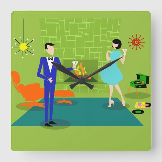 ミッドセンチュリーモダンカップル壁時計 スクエア壁時計 (正面)