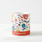 ミッドセンチュリーモダンカラフルフローラ名前をカスタムする コーヒーマグカップ (中央)