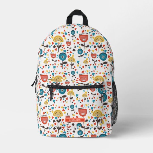 ミッドセンチュリーモダンカラフルフローラ名前をカスタムする プリントバックパック (正面)