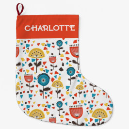 ミッドセンチュリーモダンカラフルフローラ名前をカスタムする ラージクリスマスストッキング