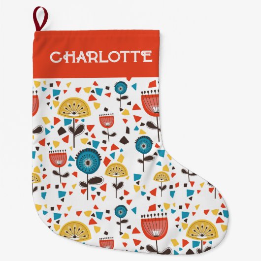 ミッドセンチュリーモダンカラフルフローラ名前をカスタムする ラージクリスマスストッキング (正面)