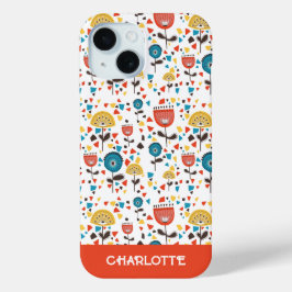 ミッドセンチュリーモダンカラフルフローラ名前をカスタムする iPhone 15ケース
