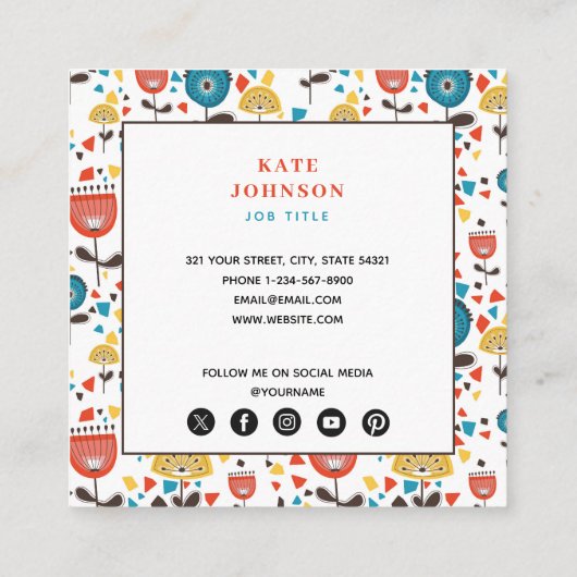 ミッドセンチュリーモダンカラフルフローラQRコード スクエア名刺 (裏面)