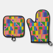 ミッドセンチュリーモダンカラフルレトロ幾何学模様 鍋つかみ&鍋敷きセット (正面)