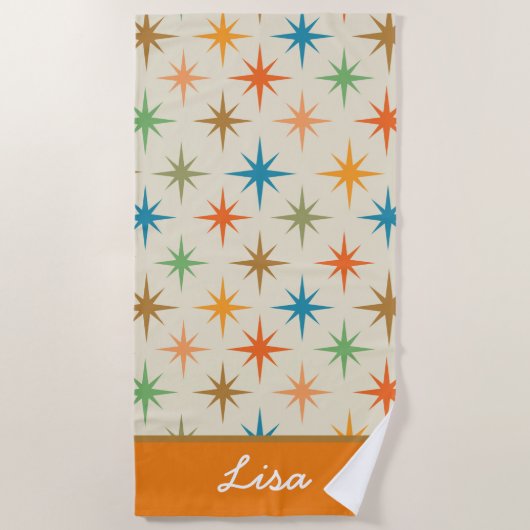 ミッドセンチュリーモダンカラフル原子スターバスト名 ビーチタオル (正面)