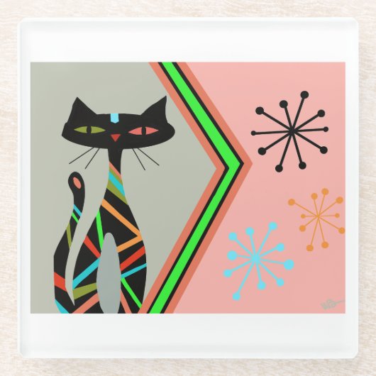 ミッドセンチュリーモダンキャットコースター飲料 ガラスコースター (正面)