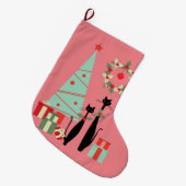 ミッドセンチュリーモダンキャットペアクールとクリスマスツリー ラージクリスマスストッキング (正面 (吊り時))