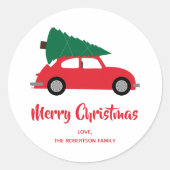 ミッドセンチュリーモダンクリスマスツリー&レッドカー ラウンドシール (正面)