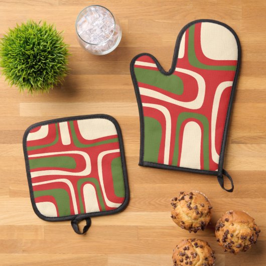 ミッドセンチュリーモダンクリスマスパーム春抽象芸術 鍋つかみ&鍋敷きセット (トップダウン)